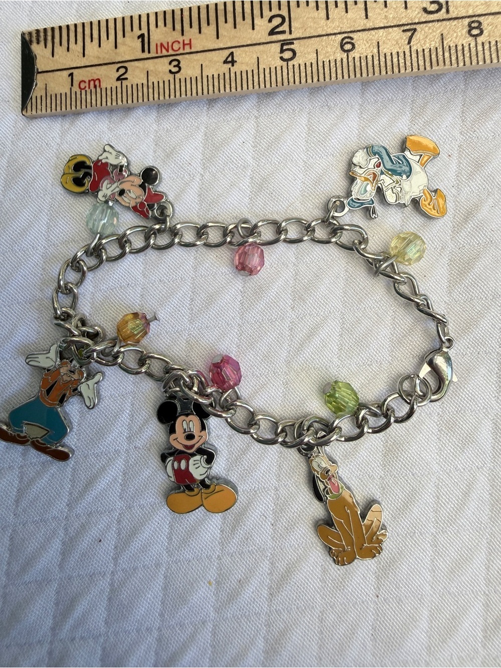 Vintage Disney Enamel Charm Bracelet Mickey Minnie Donald Pluto Goody Daisy